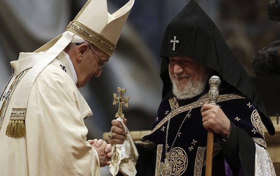 Pope Francis (left) with Catholicos Karekin II in the Vatican in April 2015