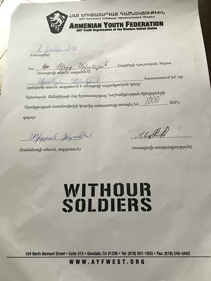 Aramayis Mikaelyan's family received $1,000 from the 'With Our Soldiers' campaign.