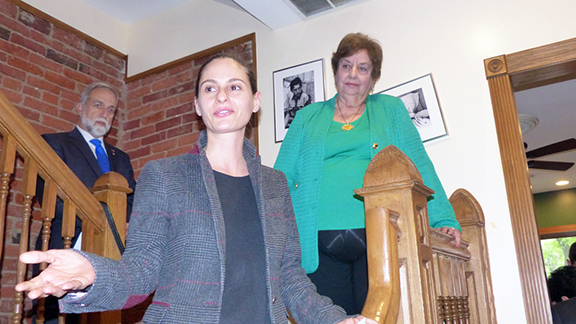 Nayiri Saghdejian addressing The Aramian House opening participants, with Mrs. Margo Aramian Ragan and ANCA Endowment Fund Chairman Ken Hachikian.