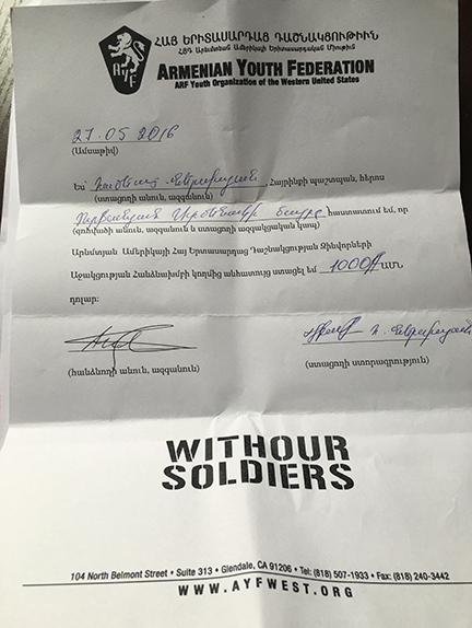 Armenak Urfanyan's family received $1,000 from the 'With Our Soldiers' campaign.