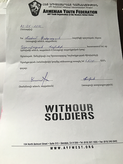 Hovsep Kirakosyan's family received $1,500 from the 'With Our Soldiers' campaign.