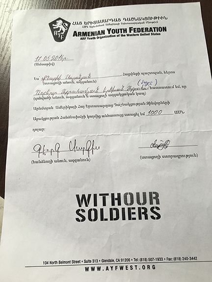 Robert Abrahamyan's family received $1,000 from the 'With Our Soldiers' campaign.