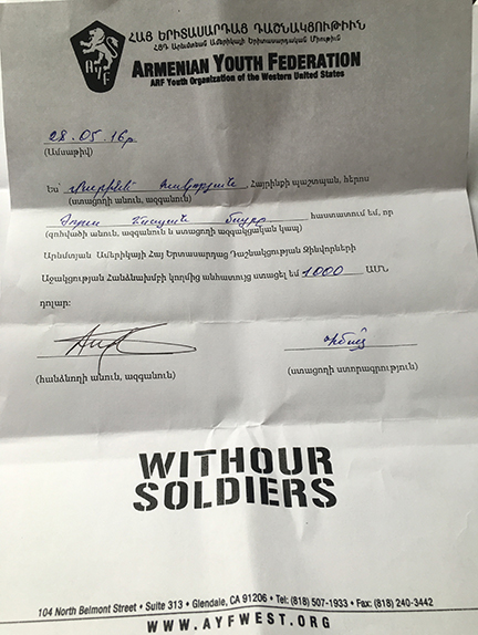 Zhora Yesayan's family received $1,000 from the 'With Our Soldiers' campaign.