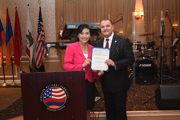 U.S. House of Representatives Congresswoman Judy Chu [D-CA-27] presenting ANCA Pasadena chairperson Vahe Majarian an official ‘Certificate of Recognition/Appreciation’ from the United States House of Representatives.