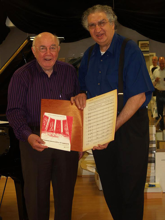 Mr. Karabian donates the original manuscript of Alan Hovhannes’ Symphony No. 28 to Lark. (Walter Karabian and Vatsche Barsoumian)