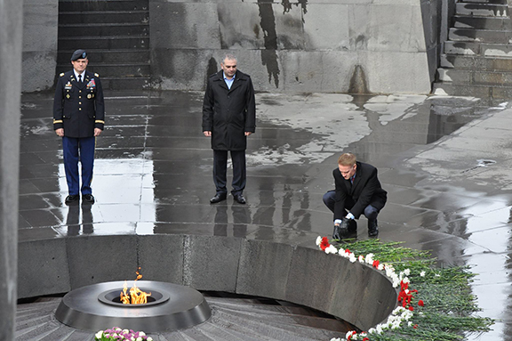 Carpenter paying respect to the victims of the Armenian Genocide at the Tsitsernakabert Memorial Complex