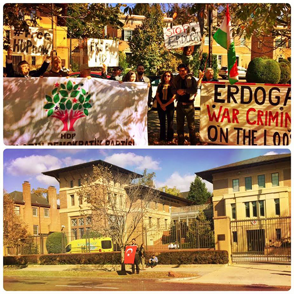 Image from the Washington DC protest against the Erdogan government crackdown on the HDP (top) and the related “counter-protest” (bottom)