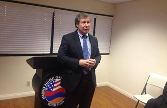 Ambassador James Warlick addresses a gathering of Armenian community leaders in 2014 in Glendale, organized by the ANCA-WR