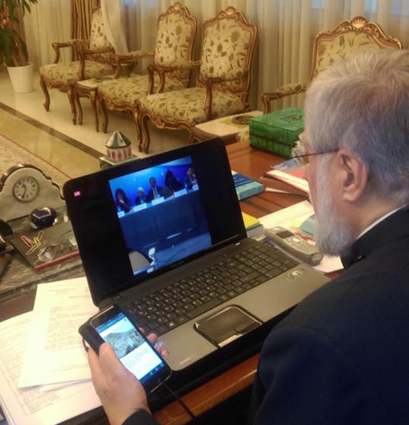 Aram I Catholicos of the Armenian Church, Holy See of Cilicia following the livestream of the press conference in Brussels on Dec. 7, 2016 (Photo: Cilicia TV)