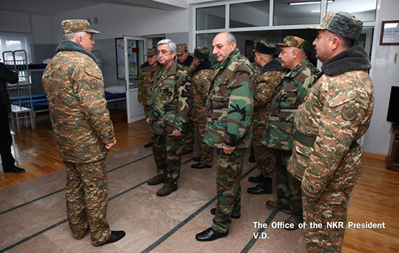 Sarkisian and Sahakian inside the new barrack after opening ceremony (Photo: president.nkr.am)