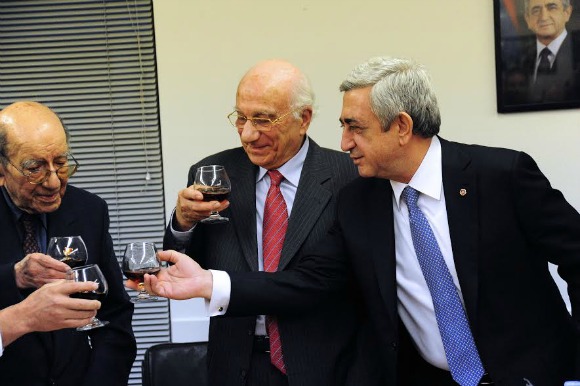 From left, Dr. Nubar Berberian, with Dr. Arshavir Gundjian and President Serzh Sargsyan of the Republic of Armenia at the Baikar Building in March 2016 (Photo: Jirair Hovsepian)
