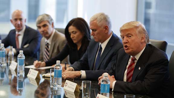 Donald Trump and Mike Pence met on Dec. 14 tech industry leaders, including, from left, Amazon founder Jeff Bezos, Alphabet Chief Executive Larry Page and Facebook Chief Operating Officer Sheryl Sandberg. (Photo: Evan Vucci/Associated Press)
