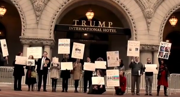 A protest organized by human rights group Freedom Now was held outside a Hannakuh party hosted by Ilham Aliyev's Azerbaijani regime at Trump International Hotel on Dec. 14, 2016 (Photo: Video Screenshot)