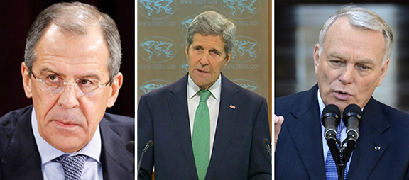 (From left to right) Russian Foreign Minister Sergey Lavrov, U.S. Secretary of State John Kerry, and French Foreign Minister Jean-Marc Ayrault