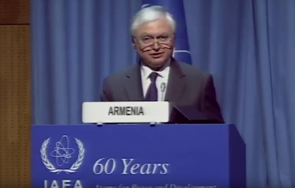 Edward Nalbandian, Armenian Foreign Minister, giving a speech at the IAEA conference in Vienna on Dec. 5, 2016 (Photo: MFA Armenia/Youtube Screenshot)