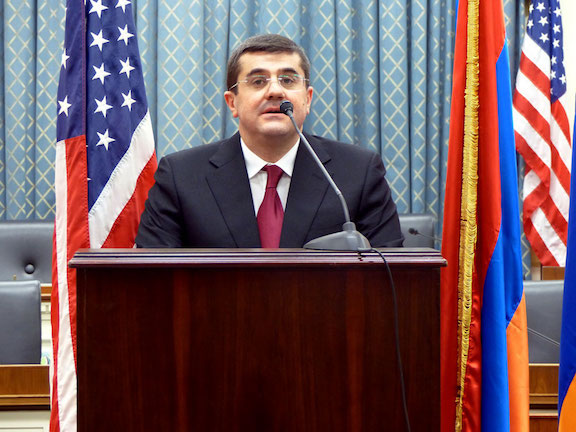 Artsakh Prime Minister Arayik Harutyunyan addressing Members of Congress and community leaders at the Capitol Hill 25th anniversary celebration of Artsakh Independence 