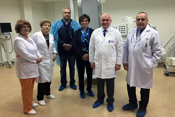 Staff members and ABMDR representatives at the opening of the Bone Marrow Transplantation Center in Yerevan, including ABMDR executive director Dr. Sevak Avagyan (third from left), ABMDR president Dr. Frieda Jordan, R. O. Yeolian Hematology Center director Prof. Smbat Daghbashyan, and ABMDR medical director Dr. Mihran Nazaretyan (Photo: ABMDR)