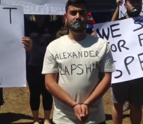 Protester depicting Lapshin (Photo: Armenia Media - Armenian News from Australia/Video Screenshot)