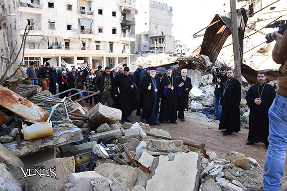 Catholicos Aram I and his entourage at Aleppo's Forty Martyrs church