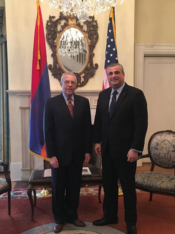 Armenia’s Ambassador to the U.S. Grigor Hovhannnisyan (right) receives U.S. Co-Chair of the OSCE Minsk Group, Richard Hoagland (Photo: Embassy of Armenia to the United States Facebook Page)