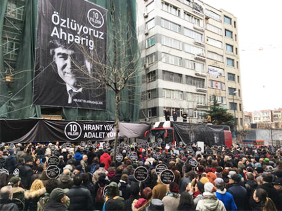 Thousands gather in front of the Agos newspaper offices in Istanbul to mark 10th anniversary of Hrant Dink's murder