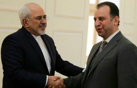 Armenian Defense Minister Vigen Sargsyan and Iranian Foreign Minister Mohammad Javad Zarif greet each other in Tehran on Feb. 1, 2017 (Source: Tasnim News)