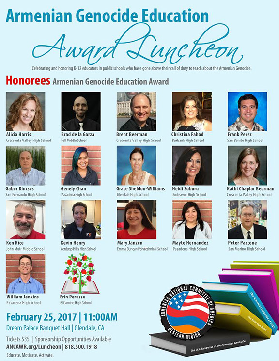 The Armenian National Committee of America-Western Region’s (ANCA-WR) Education Committee announced on February 7 the honorees of the 2017 Armenian Genocide Education Award.